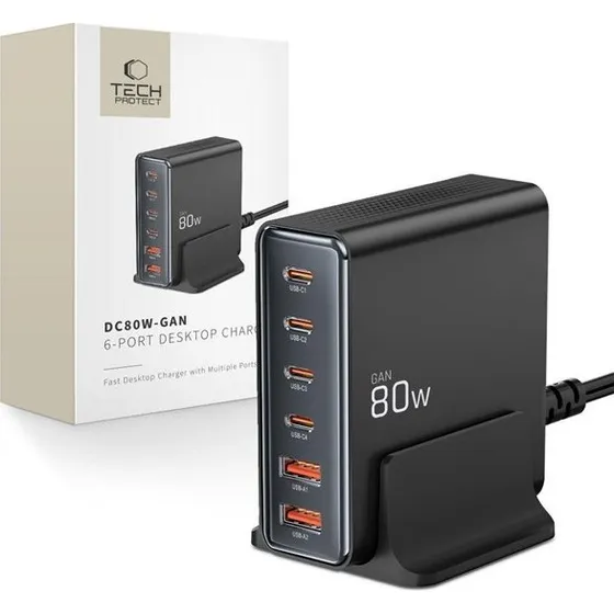 Tech-Protect DC80W-GAN 6-port opladerstation - Sort