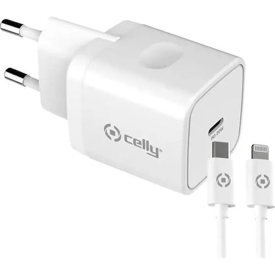 Celly 20W USB-C til Lightning oplader med kabel - Hvid