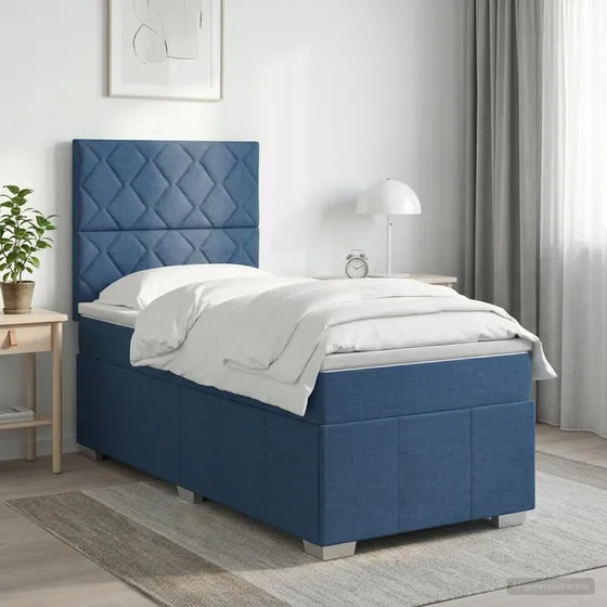 vidaXL LED Boxspringseng med madras, Blå, 90 x 200 cm