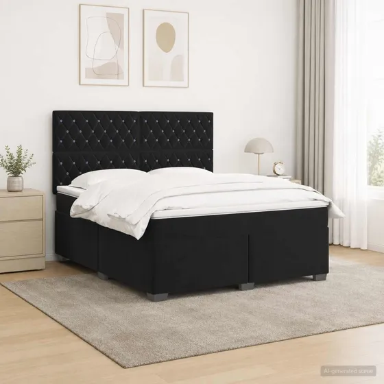 vidaXL Boxmadras med topmadras og hovedgærde, Sort Fløjl, 160x200 cm