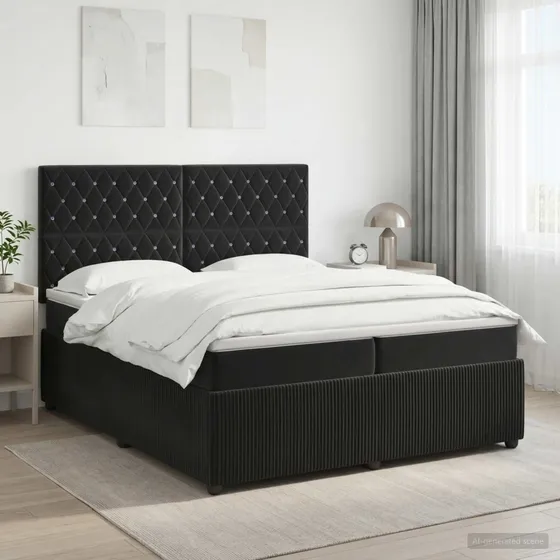 vidaXL Boxmadras med topmadras og hovedgærde, Sort Fløjl, 200x200 cm