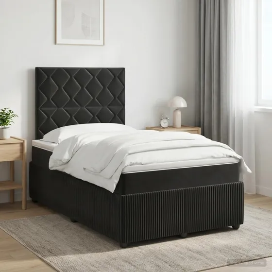 vidaXL Boxmadras med topmadras og hovedgærde, Sort Fløjl, 120x190 cm