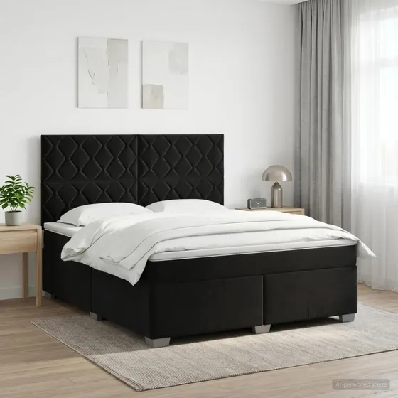 vidaXL Boxmadras med topmadras og hovedgærde, Sort Fløjl, 160x200 cm