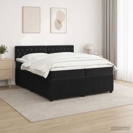 vidaXL Boxmadras med topmadras og hovedgærde, Sort Fløjl, 200x200 cm