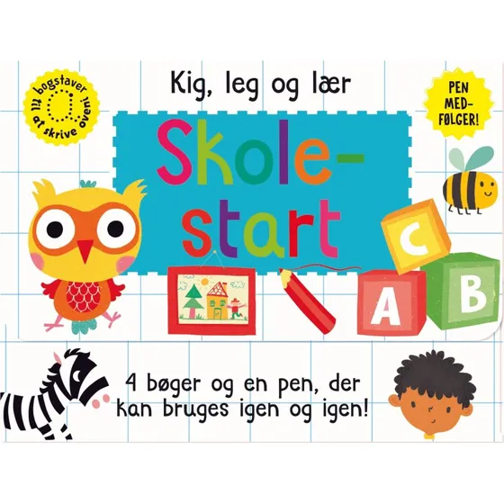 Skriv og visk ud – Skolestart kuffert (4 bøger + pen)