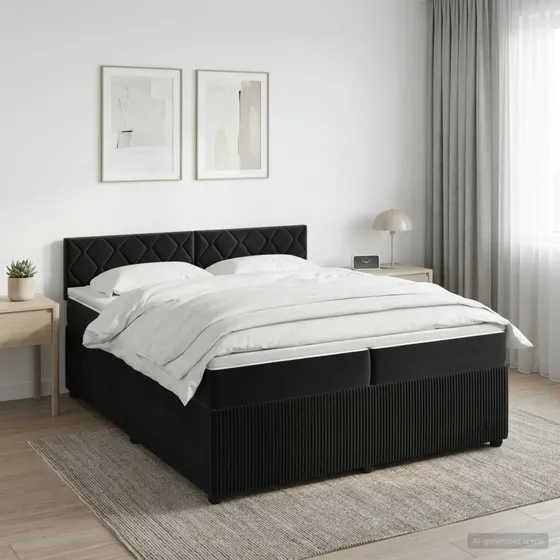 vidaXL Boxmadras med topmadras og hovedgærde, Sort Fløjl, 200x200 cm