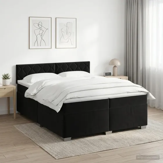 vidaXL Boxmadras med topmadras og hovedgærde, Sort Fløjl, 200x200 cm
