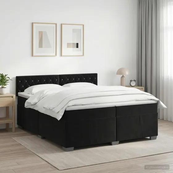 vidaXL Boxmadras med topmadras og hovedgærde, Sort Fløjl, 200x200 cm