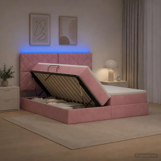 vidaXL LED Opbevaringsseng med madras, Lyserød Fløjl, 180x200 cm