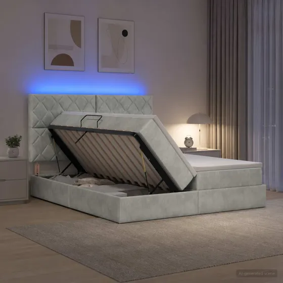 vidaXL LED Opbevaringsseng med madras, Lysegrå Fløjl, 200x200 cm