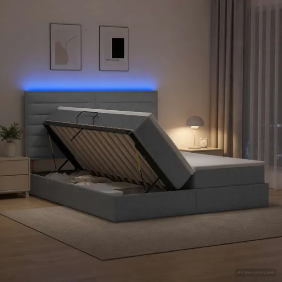 vidaXL LED Opbevaringsseng med madras, Lysegrå, 200 x 200 cm