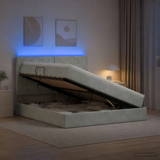 vidaXL LED Opbevaringsseng med madras, Lysegrå Fløjl, 180x200 cm