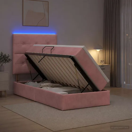 vidaXL LED Opbevaringsseng med madras, Lyserød Fløjl, 90x200 cm