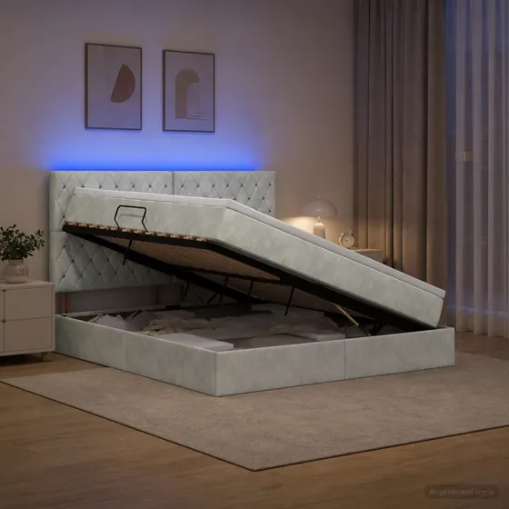 vidaXL LED Opbevaringsseng med madras, Lysegrå Fløjl 140x200 cm