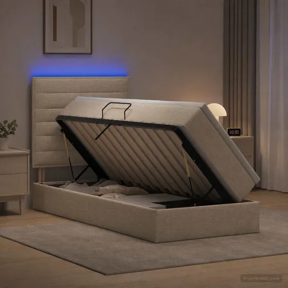 vidaXL LED Opbevaringsseng med madras, Cremefarvet, 100x200 cm