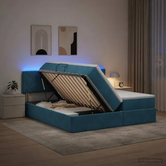 vidaXL Opbevaringsseng med madras og LED - Mørk blå Fløjl 200x200 cm