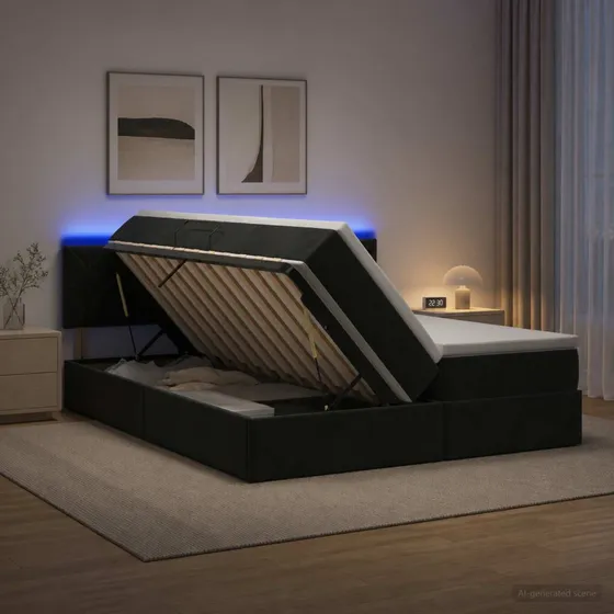 vidaXL Opbevaringsseng med LED og madras, sort fløjl, 200x200 cm