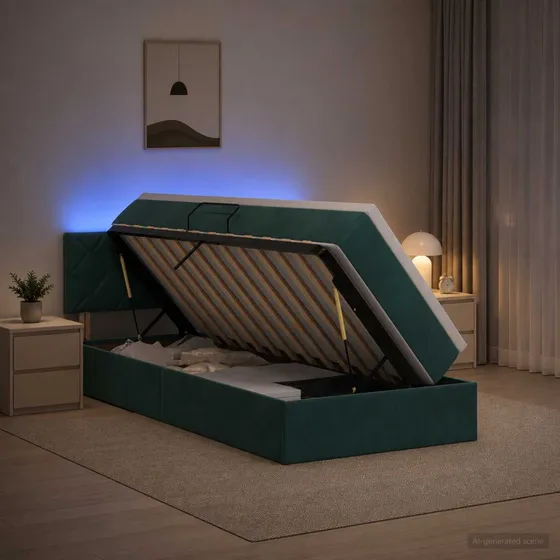 vidaXL LED Opbevaringsseng med madras, Mørkegrøn Fløjl, 90x200 cm