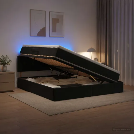 vidaXL LED Opbevaringsseng med madras, Sort Fløjl, 160 x 200 cm