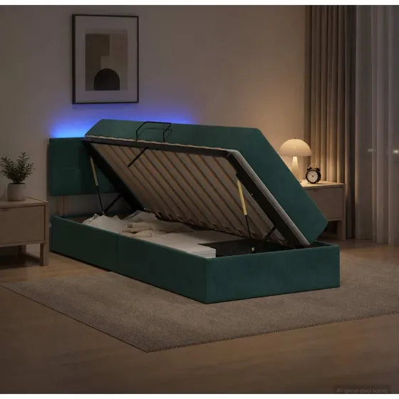 vidaXL Opbevaringsseng med madras, LED & Fløjl - Mørkegrøn 90x200 cm