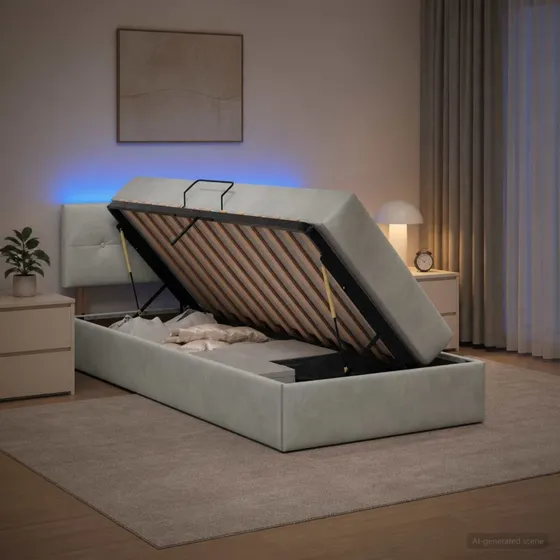 vidaXL LED Opbevaringsseng med madras, Lysegrå Fløjl, 90x200 cm