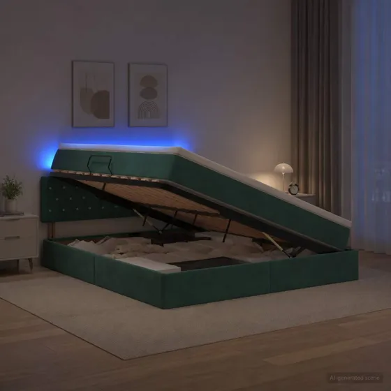 vidaXL Opbevaringsseng med madras og LED - Mørkegrøn Fløjl 180x200 cm