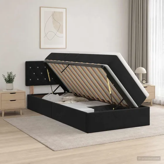 vidaXL LED Opbevaringsseng med madras, Sort Fløjl, 90 x 200 cm