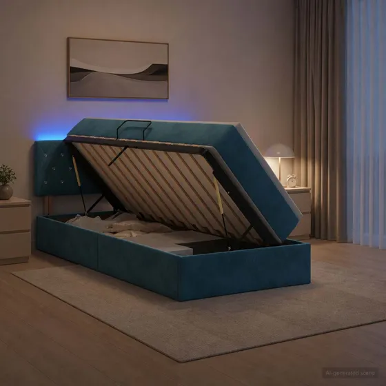 vidaXL LED Opbevaringsseng med madras, Mørk blå Fløjl, 90x190 cm