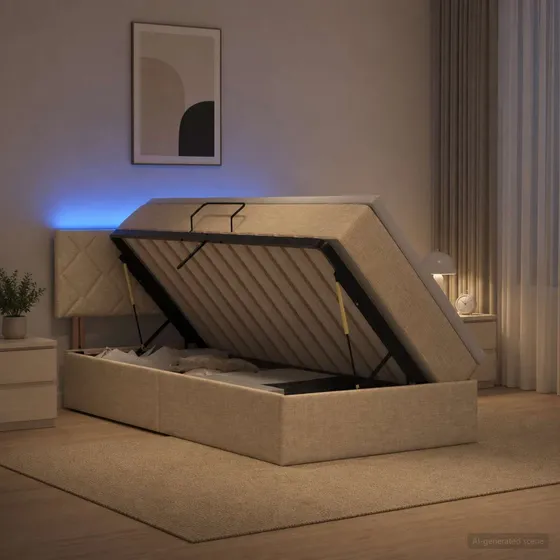 vidaXL LED Opbevaringsseng med madras, Cremefarvet 100x200 cm