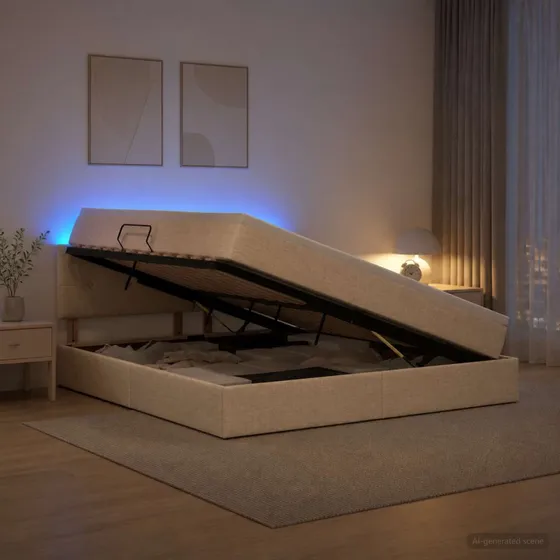 vidaXL LED Opbevaringsseng med madras, 160 x 200 cm, Cremefarvet