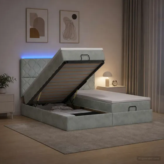 vidaXL Ottoman seng med LED og madras, lysegrå velour, 200x200 cm