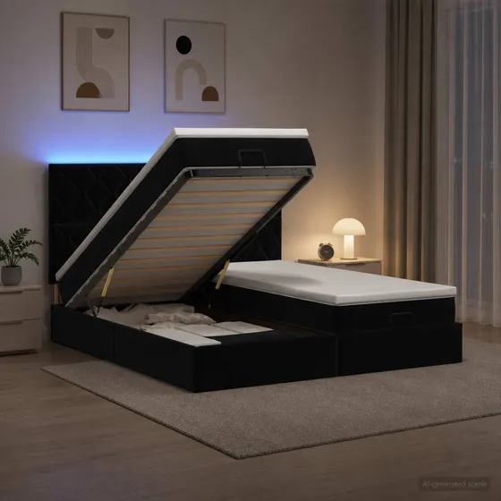 vidaXL Ottoman seng med LED, madras og velour - Sort, 160x200 cm