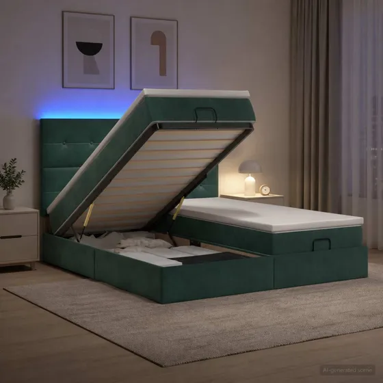 vidaXL Ottoman seng med madras og LED - Mørkegrøn Velour 160x200 cm