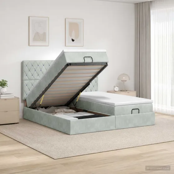 vidaXL Ottoman seng med madras og LED - Lysegrå velour 180x200 cm