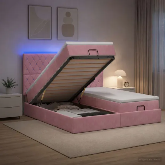 vidaXL Ottoman seng med madras og LED, lyserød velour, 160 x 200 cm