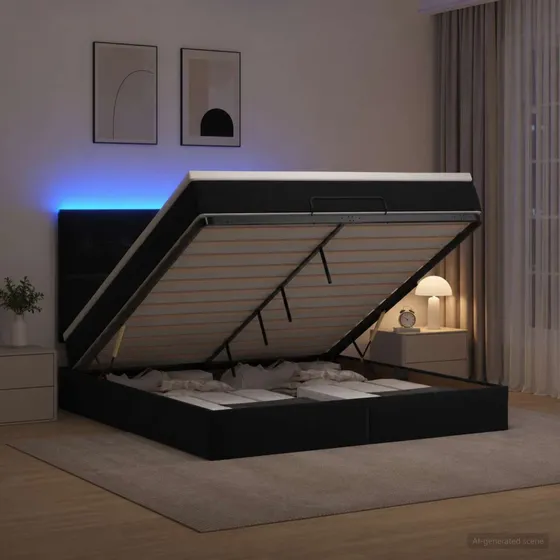 vidaXL Ottoman seng med LED, madras & fløjl - Sort 140x190 cm