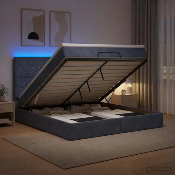 vidaXL Ottoman seng med LED, madras og opbevaring, 180x200, mørkegrå