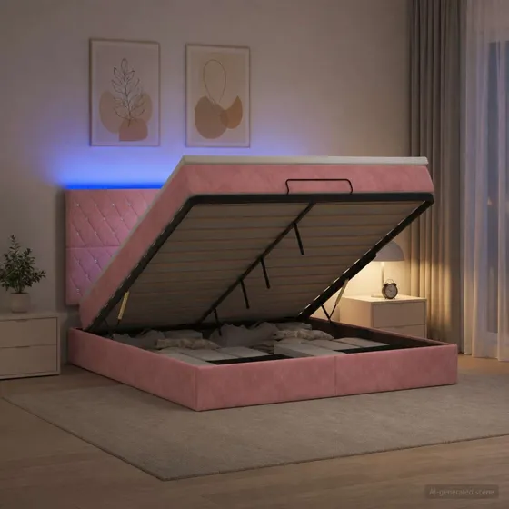 vidaXL Ottoman seng med LED, madras og fløjl – Lyserød 160x200 cm