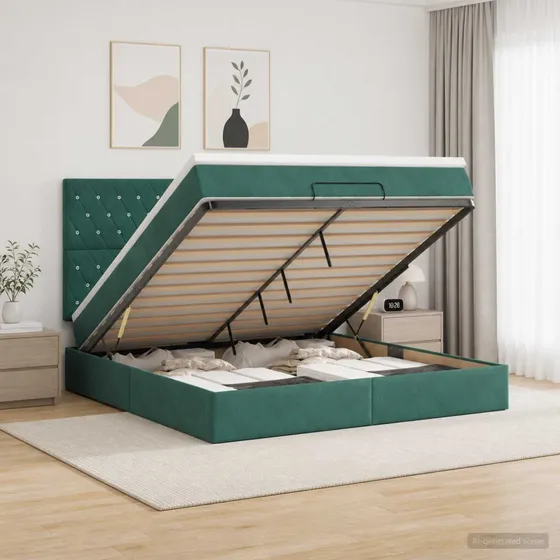 vidaXL Ottoman Sengeramme med madras og LED - Mørkegrøn Fløjl 140x200