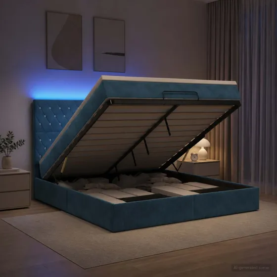 vidaXL Ottoman seng med LED, madras & fløjl - Mørkeblå 140x190 cm