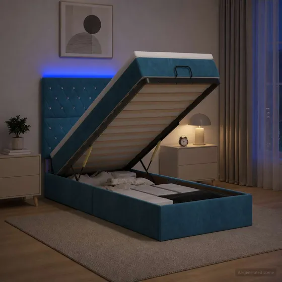 vidaXL Ottoman seng med LED, madras & fløjl, mørkeblå, 80x200 cm