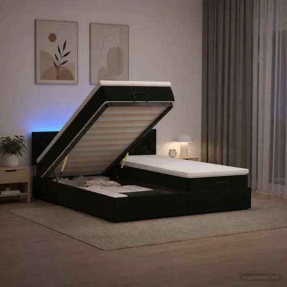 vidaXL Ottoman seng med madras og LED, sort velour, 160x200 cm