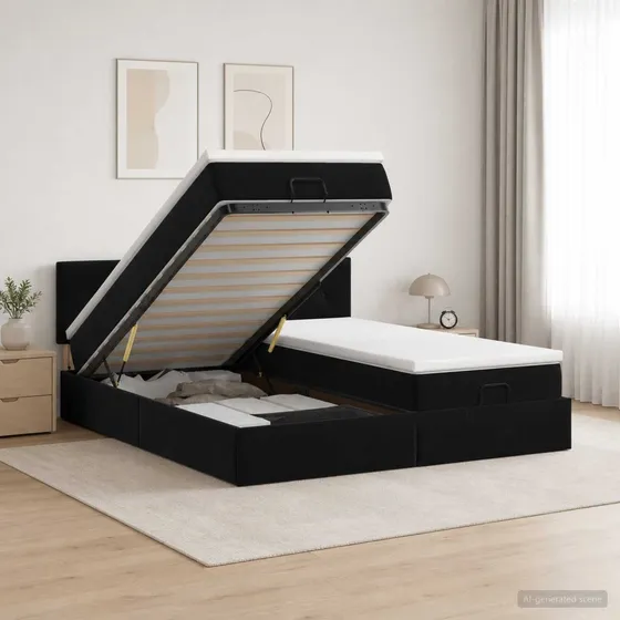 vidaXL Ottoman seng med madras og LED - Sort Velour 160 x 200 cm