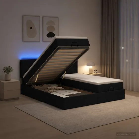 vidaXL Ottoman seng med LED og madras, sort, 200 x 200 cm