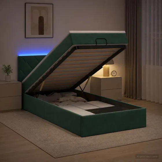 vidaXL Ottoman seng med madras og LED - Mørkegrøn Velour 90x190 cm