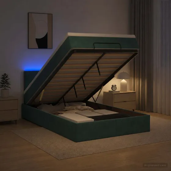 vidaXL Ottoman seng med madras og LED - Mørkegrøn Velour 120x190 cm