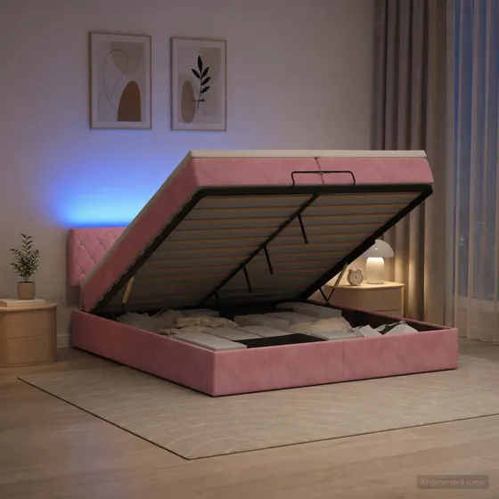 vidaXL Ottoman seng med madras og LED i lyserød velour 200x200 cm