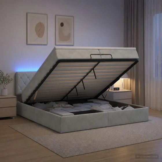 vidaXL Ottoman seng med madras og LED - Lysegrå Velour 200x200 cm