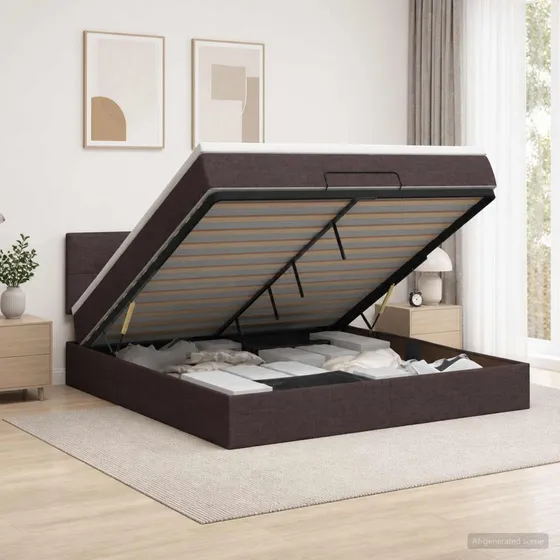 vidaXL Ottoman seng med LED og madras, 140 x 200 cm, mørk brun