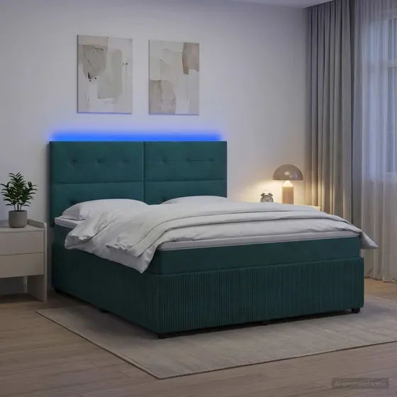 vidaXL LED Boksmadrasseng 180x200 cm Mørkegrøn Fløjl